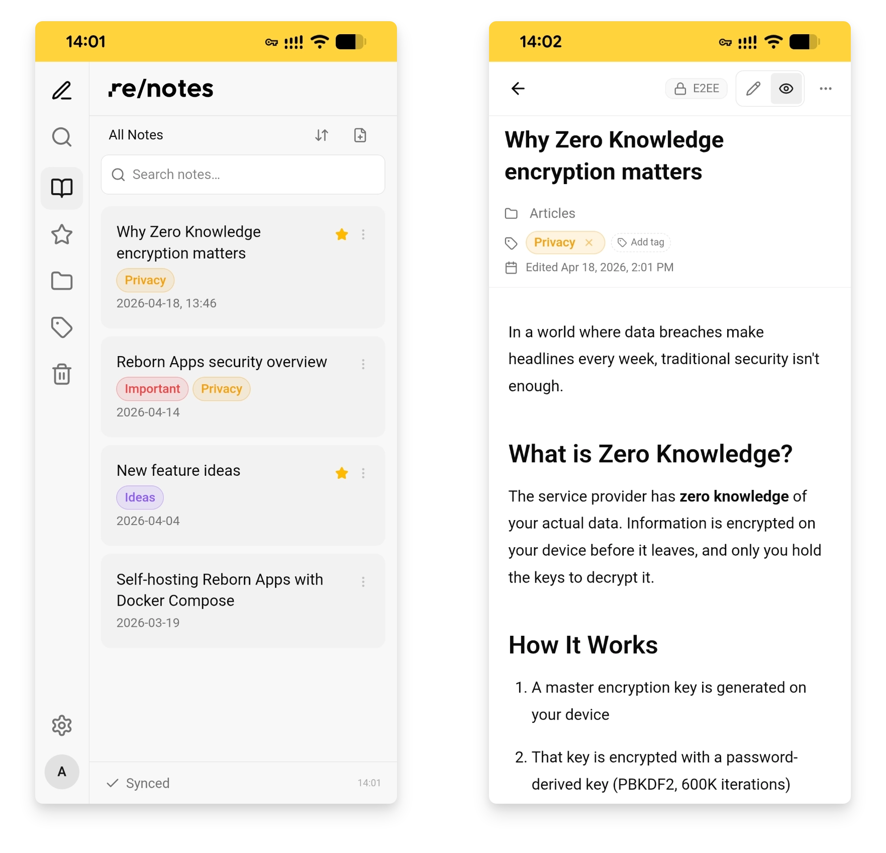 Screenshot of re/notes application
