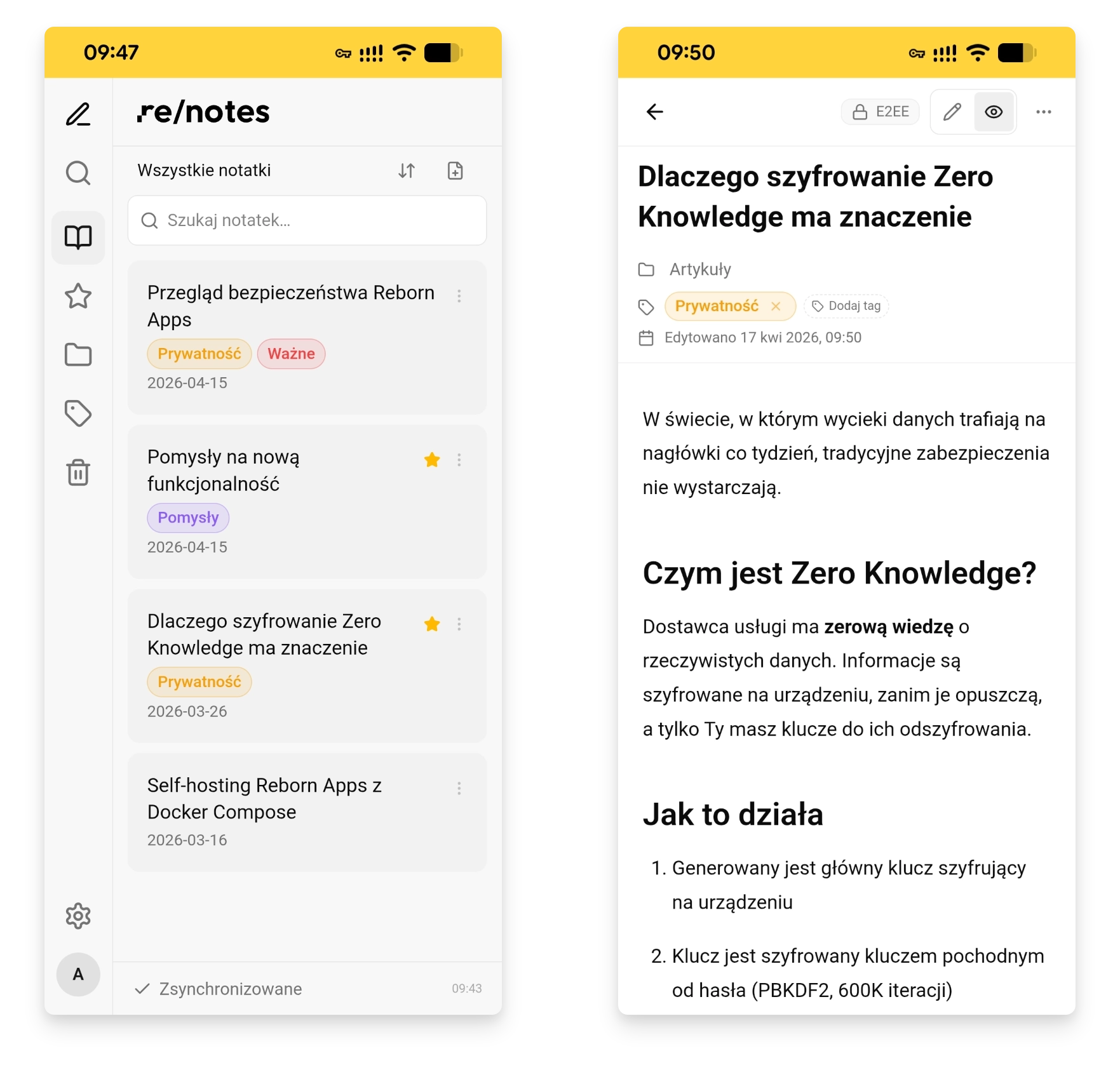 Zrzut ekranu aplikacji re/notes