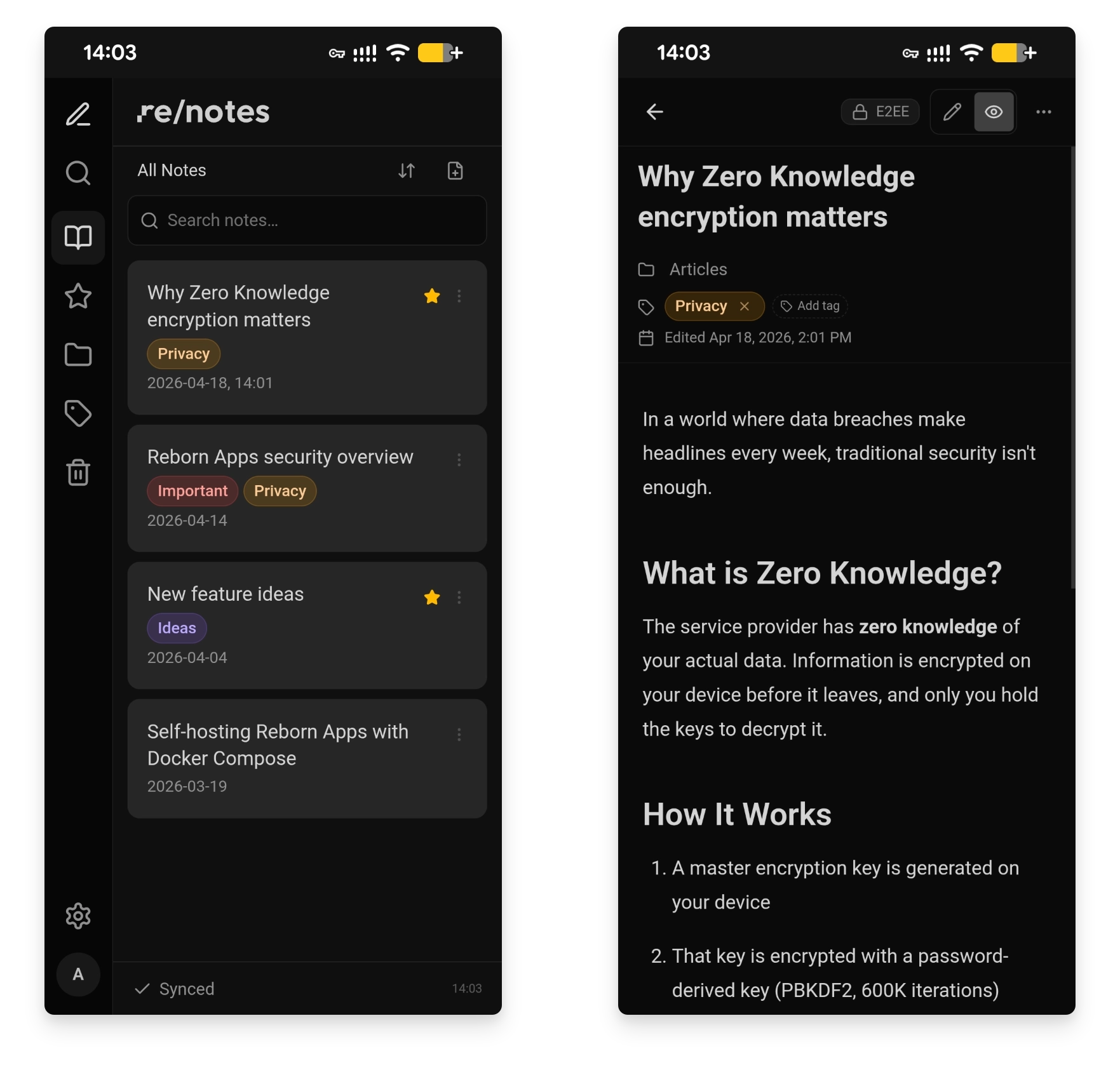 Screenshot of re/notes application