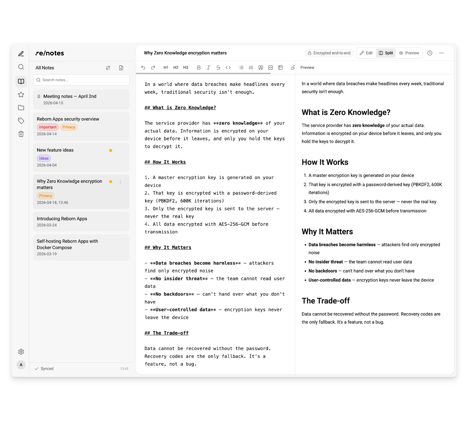 Screenshot of re/notes application