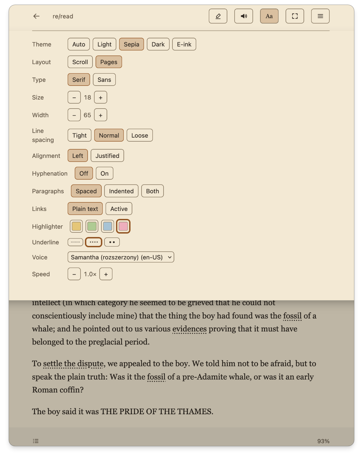 The Aa panel in the re/read reading view: the theme, with E-ink among the choices, the Pages or Scroll layout, type, size, column width, line spacing, alignment, hyphenation, paragraphs, links, the highlighter's colours, the underline, the voice and its speed