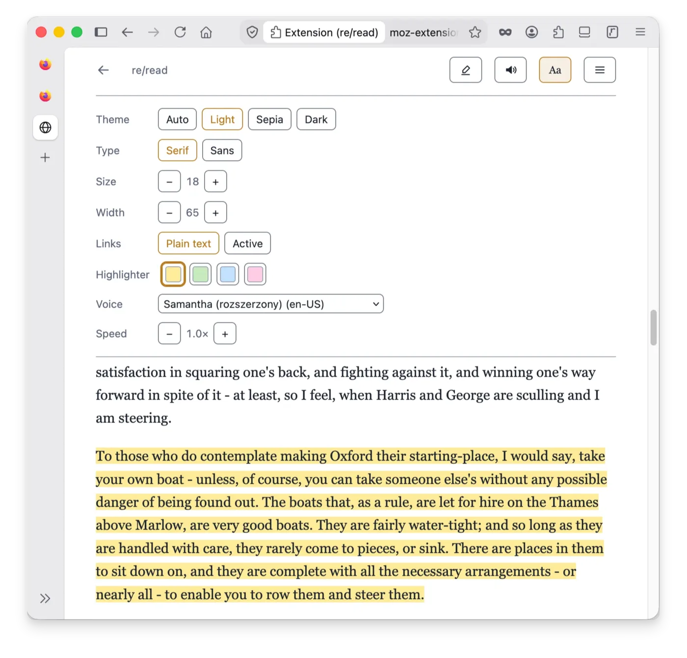 Appearance panel in the re/read reading view: theme, type, size, column width and voice