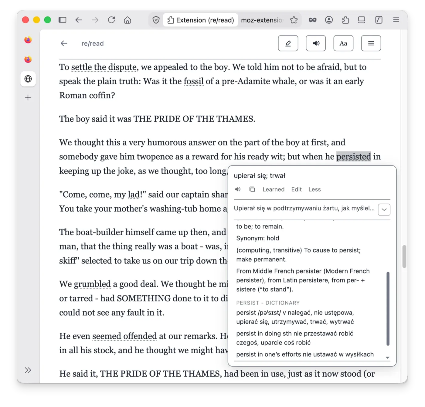 re/read reading view with the translation bubble and a dictionary entry above a selected word