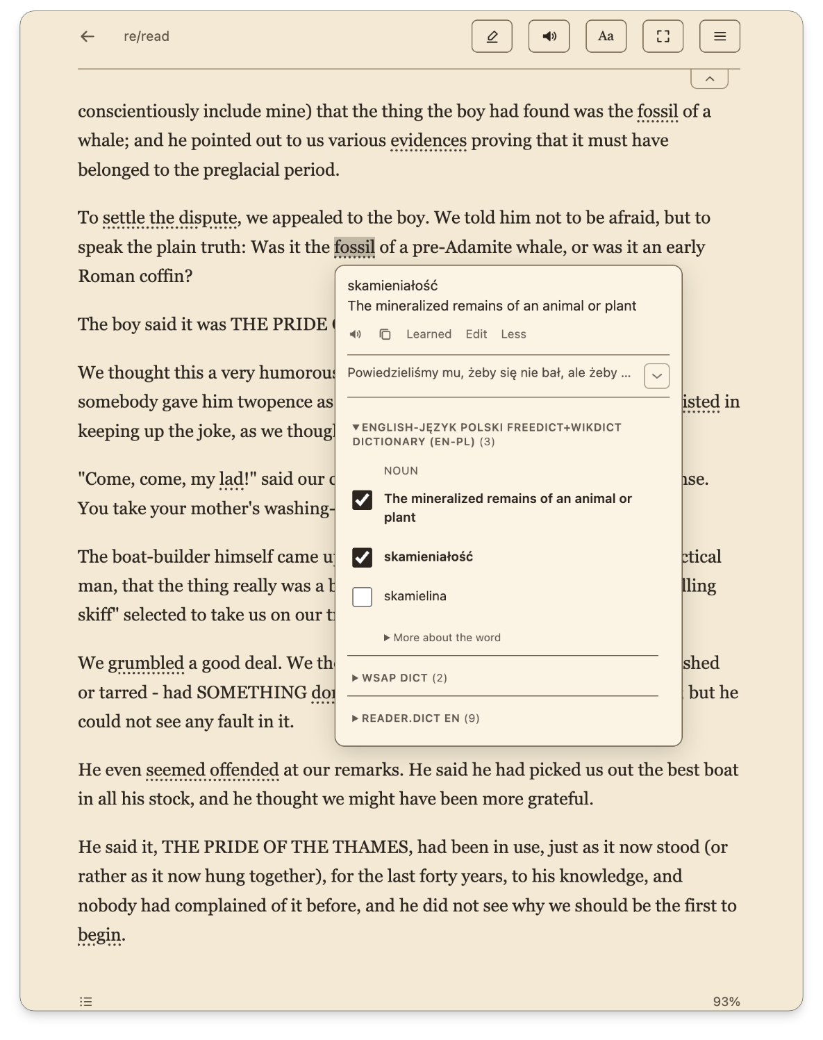 The re/read reading view with a text divided into pages. The word fossil is selected, and the bubble under it shows its Polish translation, the sentence around it and the entries from three dictionaries; phrases saved earlier are underlined in the text