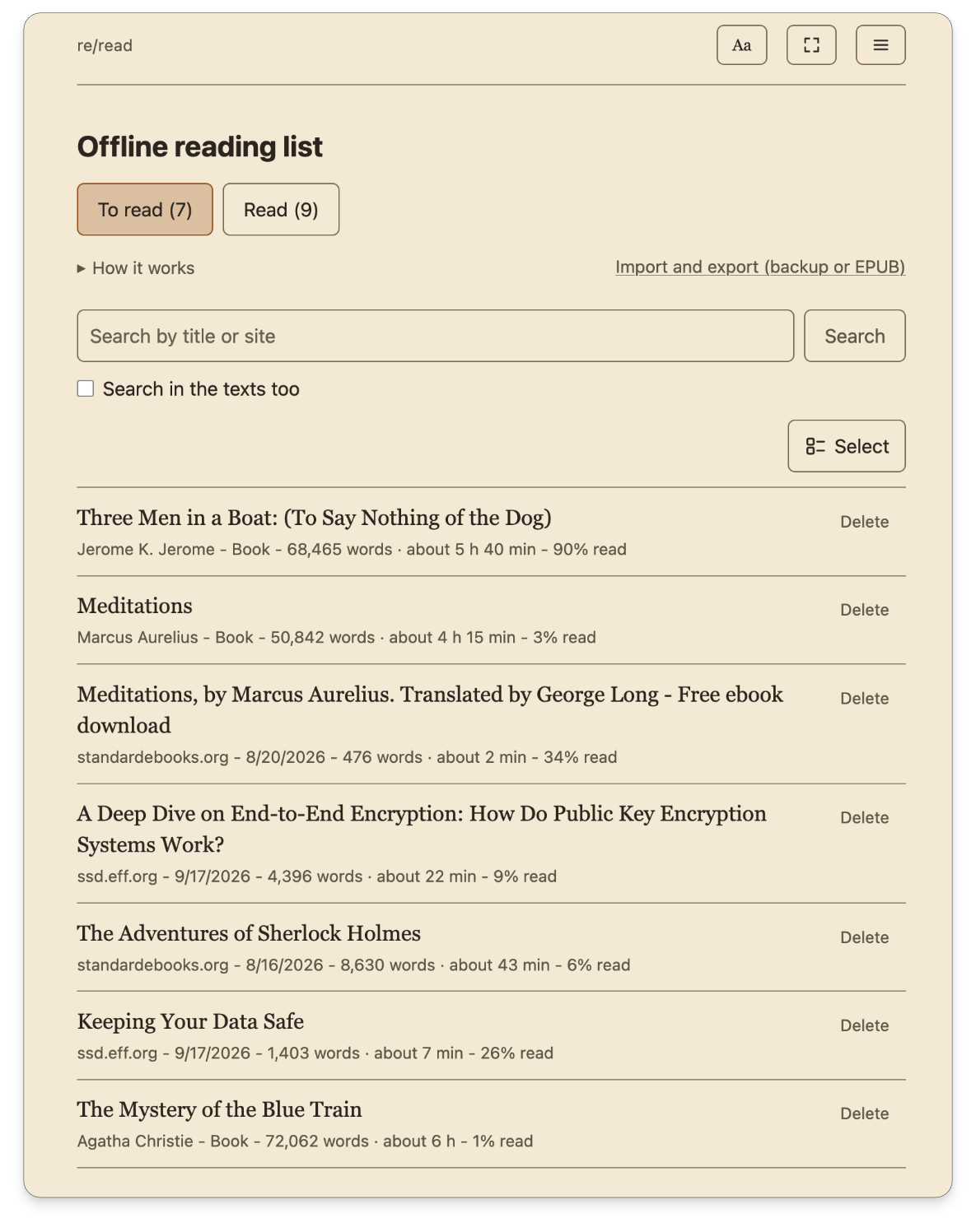 The offline reading list in re/read: the To read and Read lists, a search box, and one row for each saved article or book with the length of the text and how much of it is read