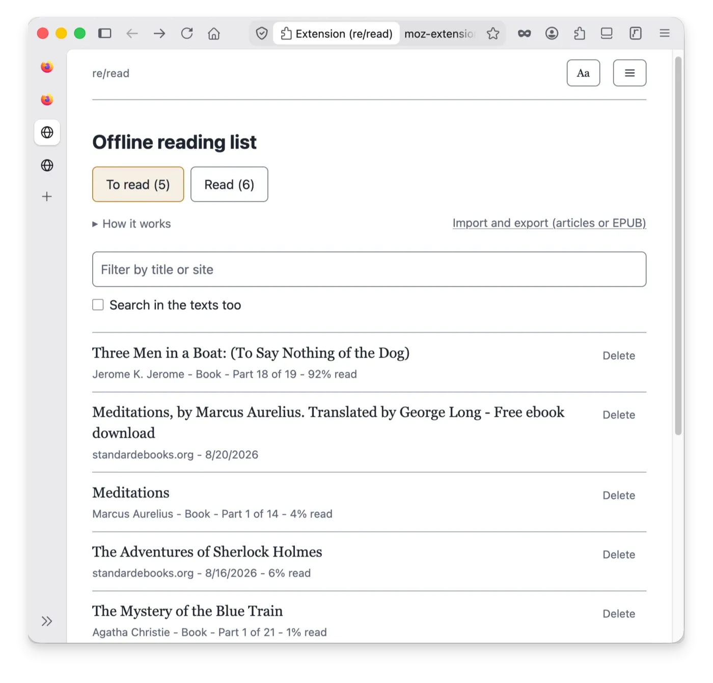 re/read offline reading list with saved articles and books