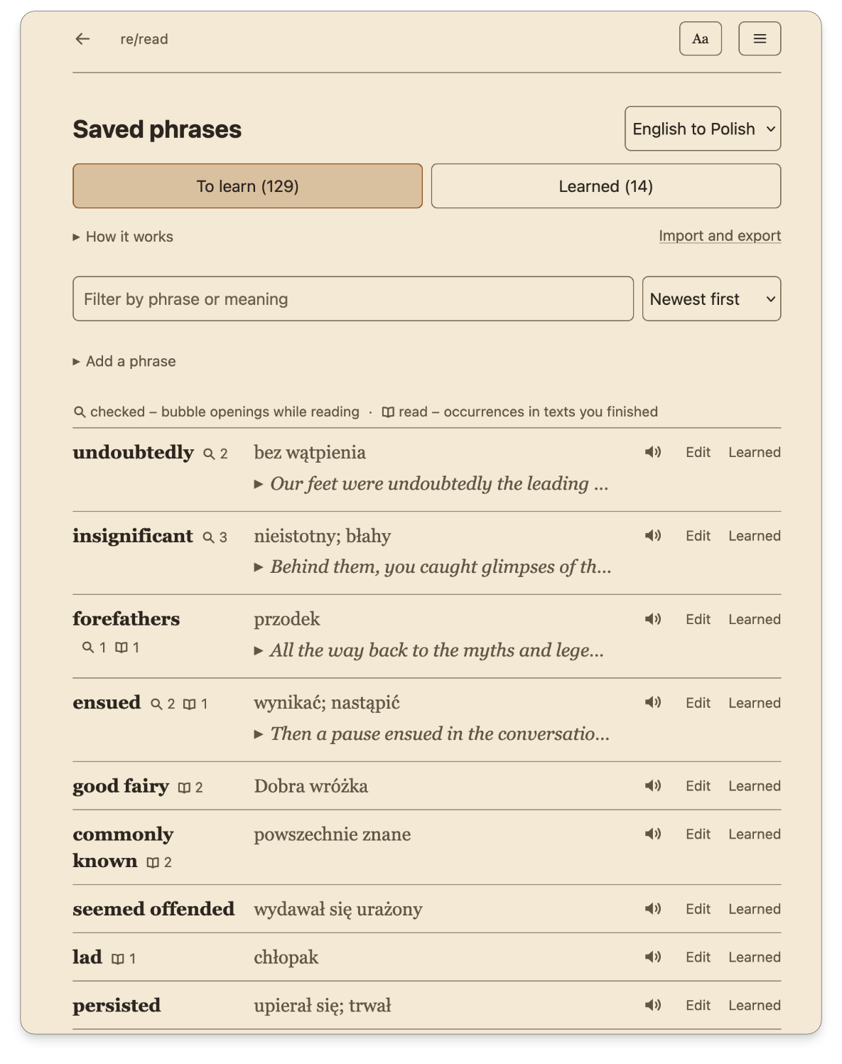 The saved phrases page in re/read: the To learn and Learned lists, and one row for each phrase with its meaning, the sentence it was saved in, and the buttons to hear it, edit it or mark it Learned