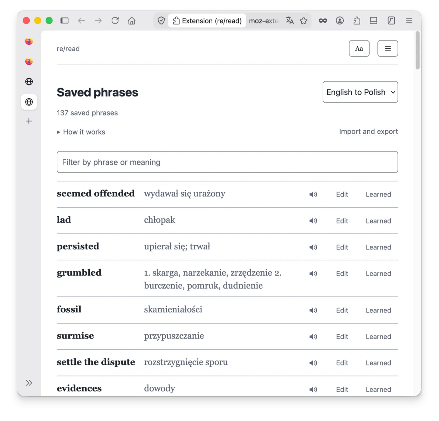 re/read saved phrases page: the phrase, its meaning and a Learned button in every row