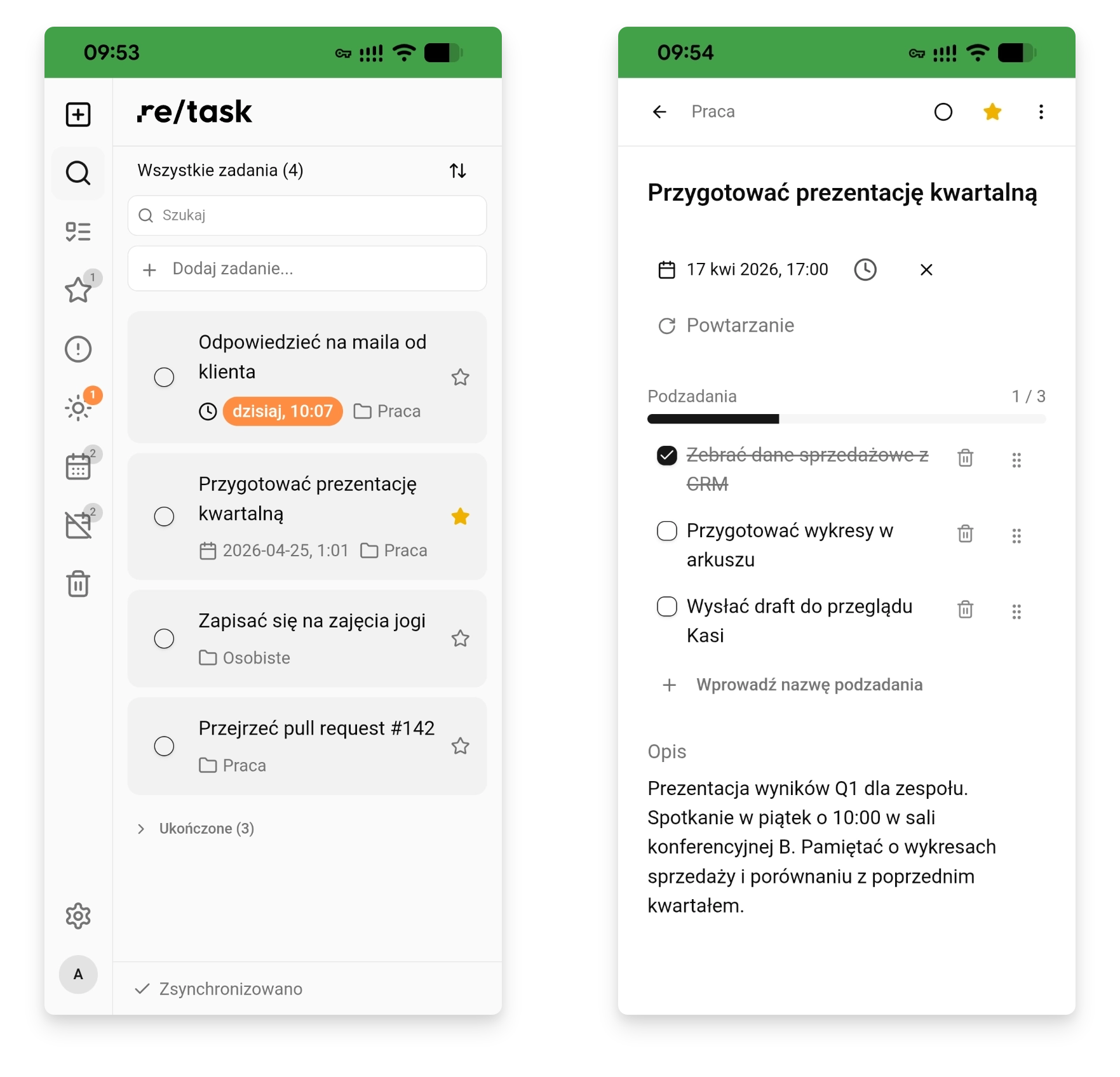 Zrzut ekranu aplikacji re/task