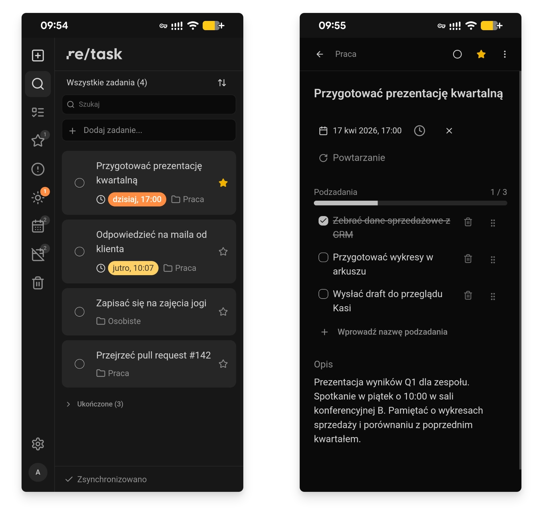 Zrzut ekranu aplikacji re/task