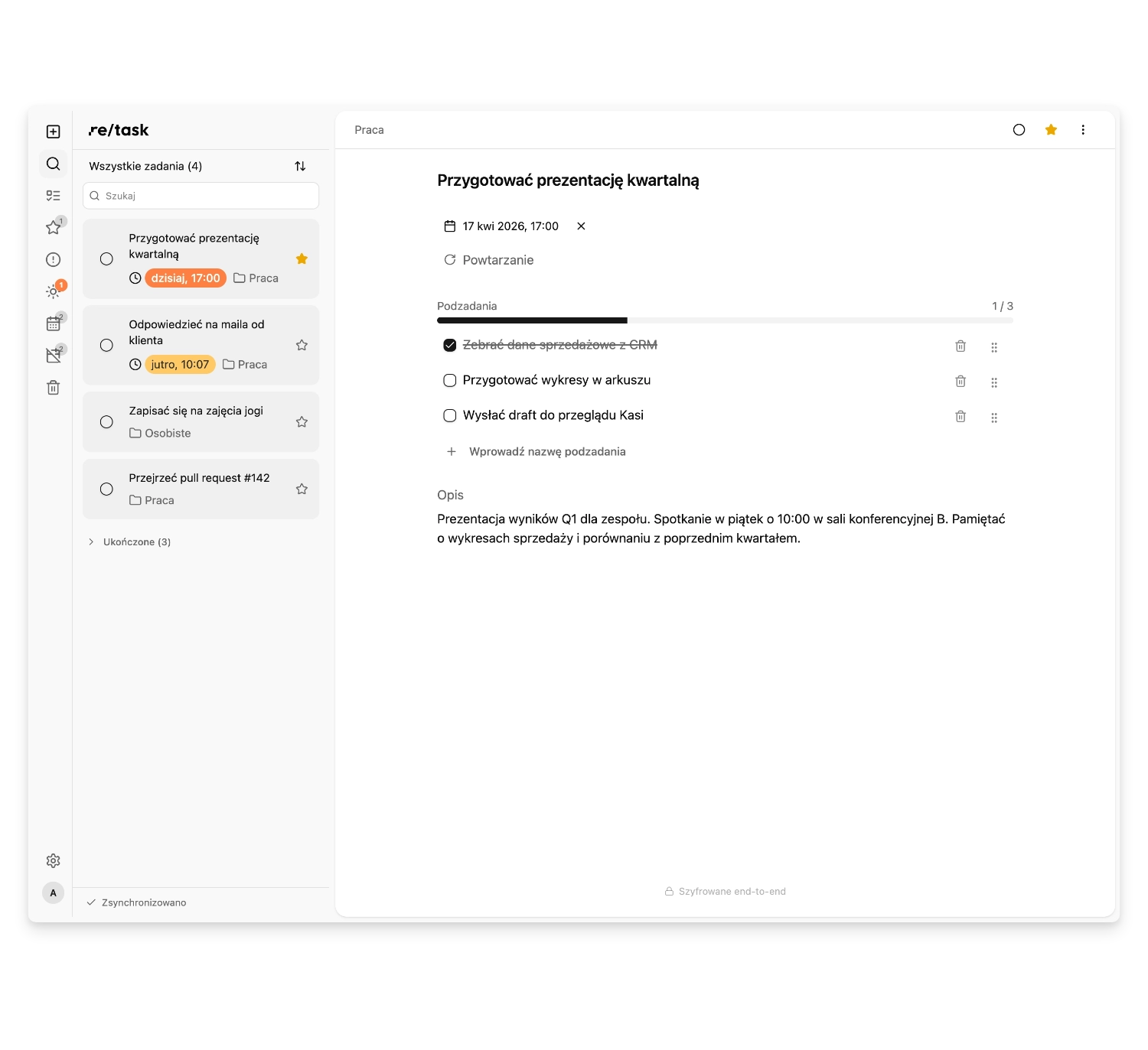Zrzut ekranu aplikacji re/task